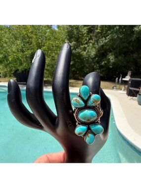 Artisan Copper Turquoise Cluster Statement Ring Adj  Boho  Southwest gift Closed
